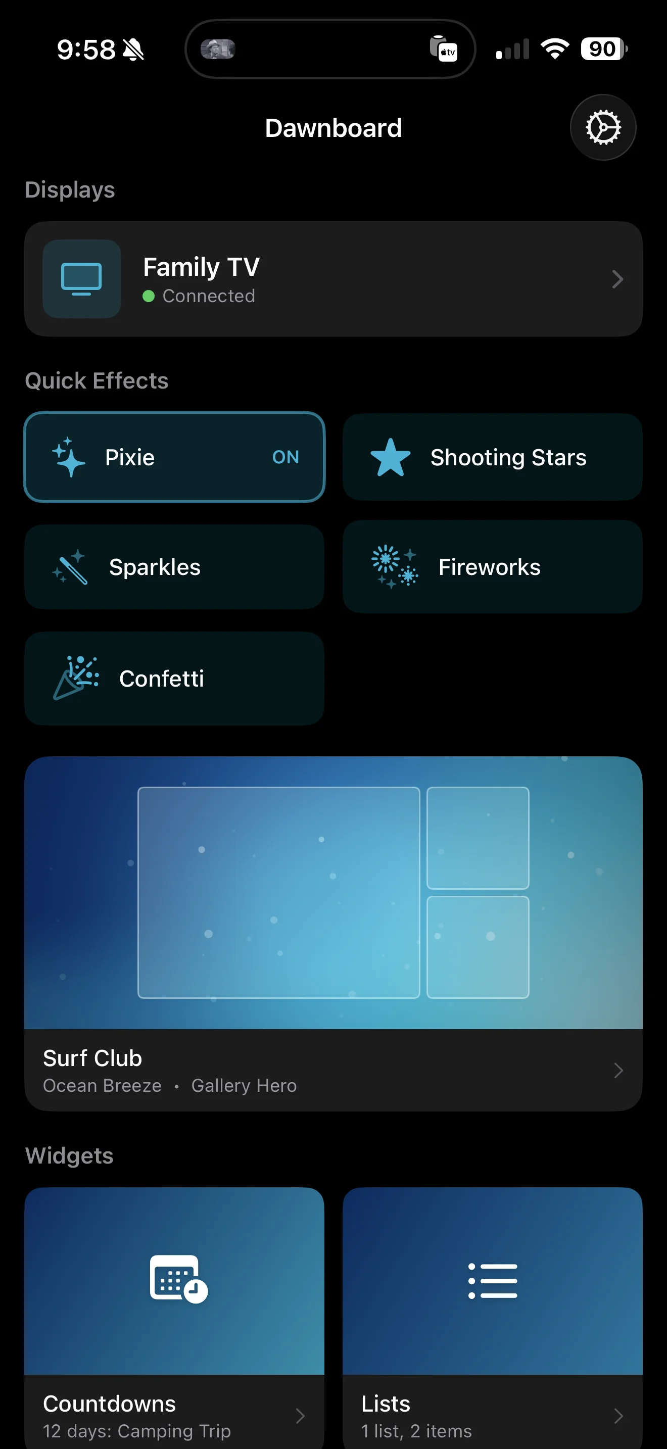 Dawnboard on Apple TV showing a surf club theme - iPhone companion app