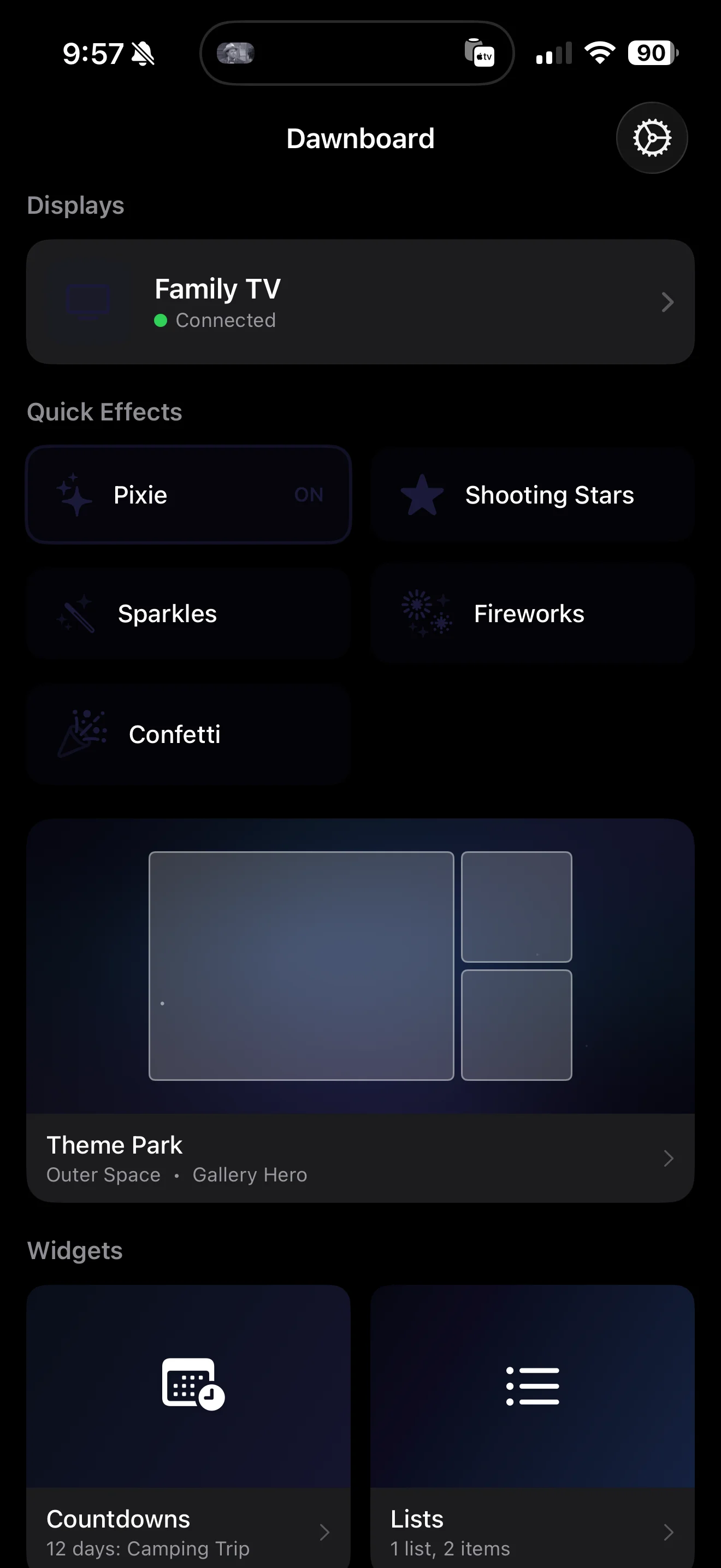 Dawnboard on Apple TV showing a theme park countdown - iPhone companion app