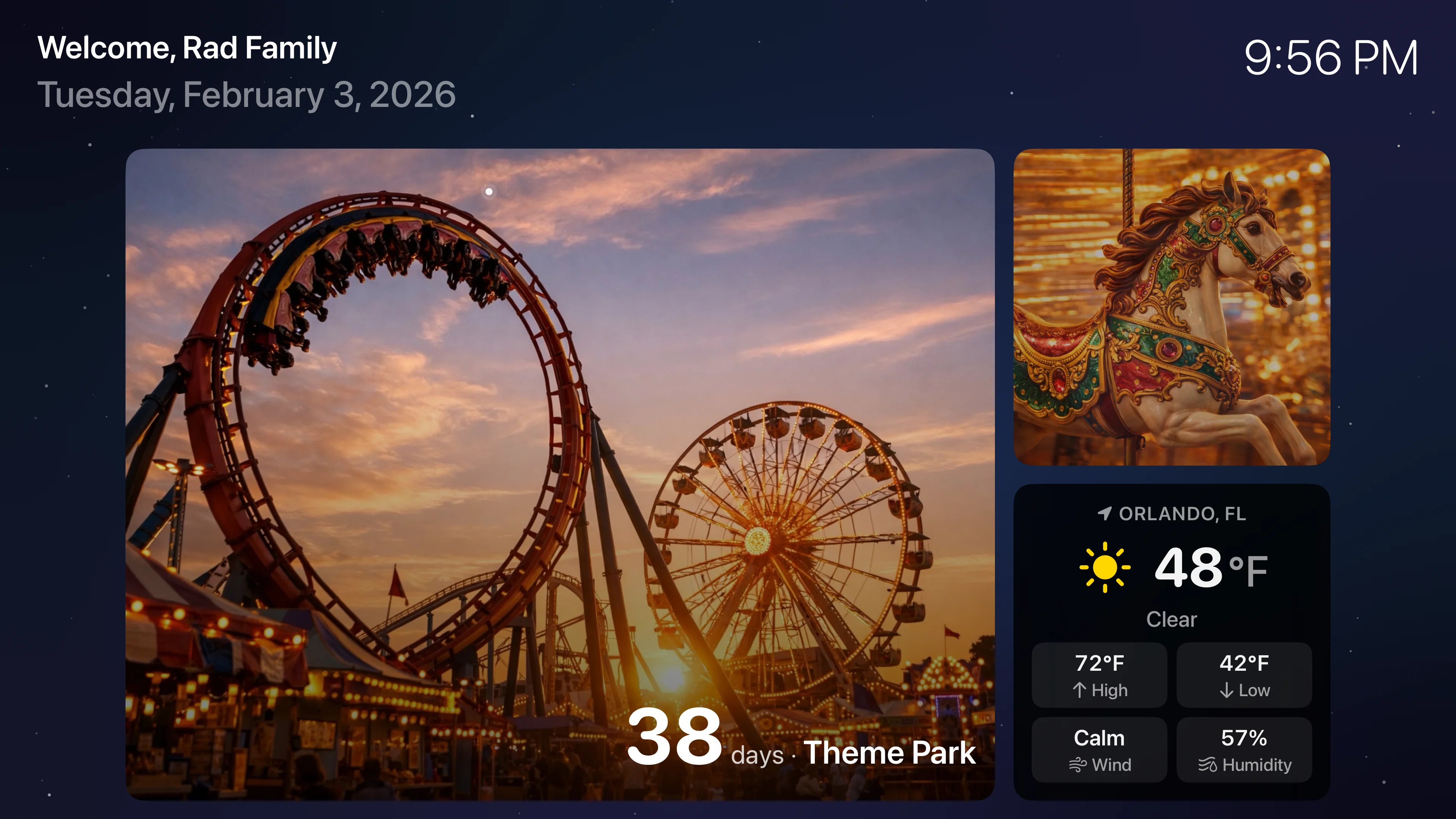 Dawnboard on Apple TV showing a theme park countdown