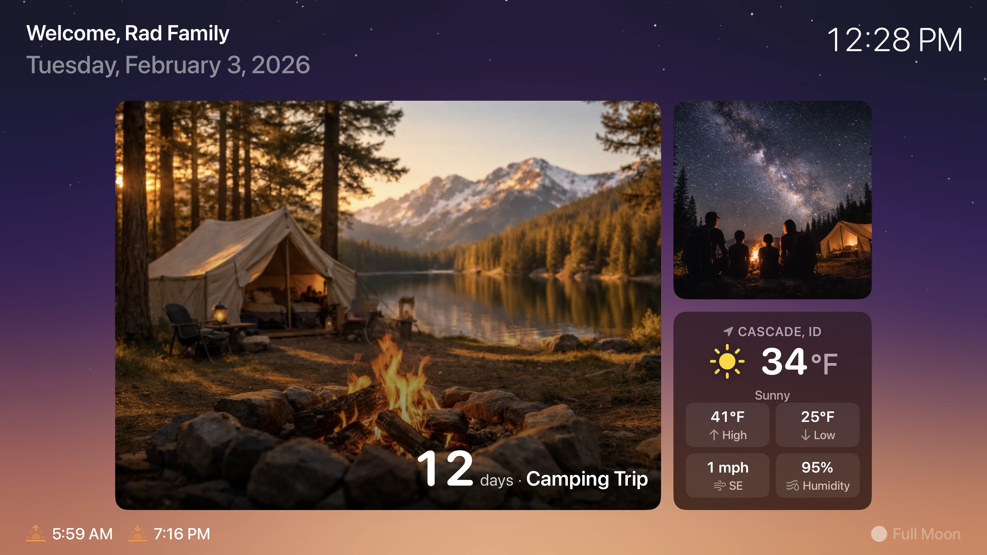 Dawnboard on Apple TV showing a camping countdown with weather and photos